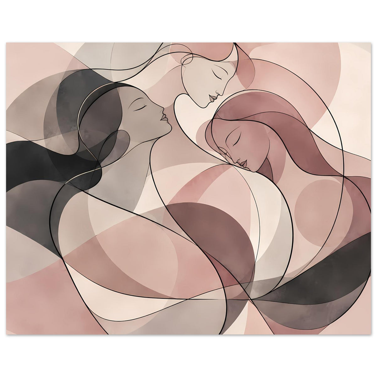 Abstraktes Poster mit zwei Frauen in Rückenansicht, rosa und creme, schwarze Umrisslinien