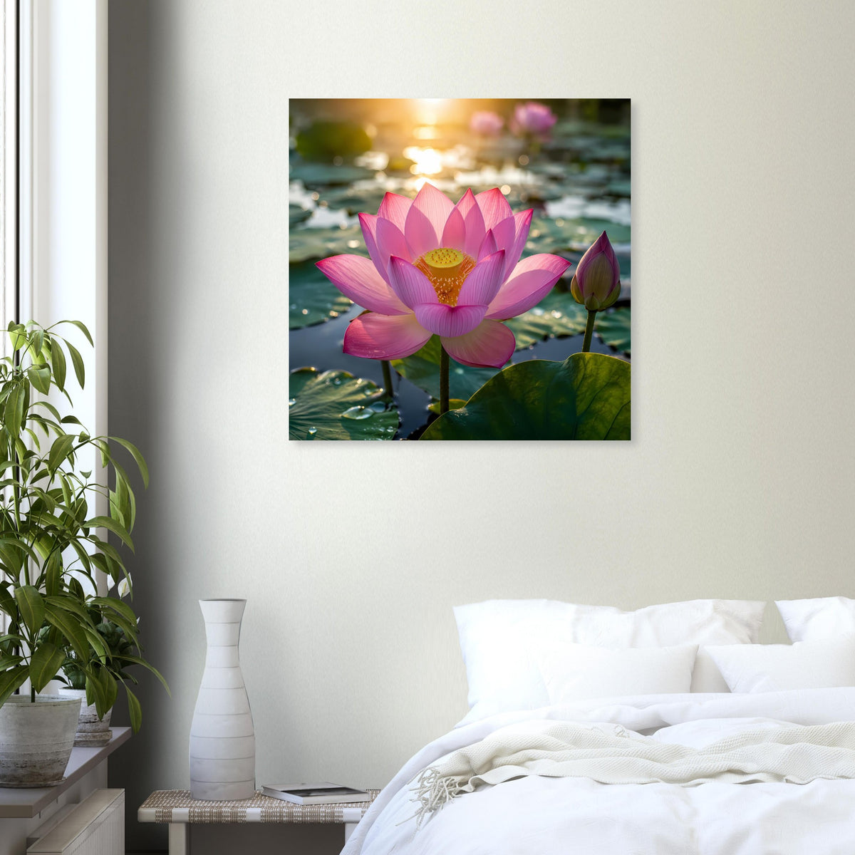 Quadratisches Poster mit pinker Lotusblüte und Knospe, warmes Sonnenlicht über Wasser