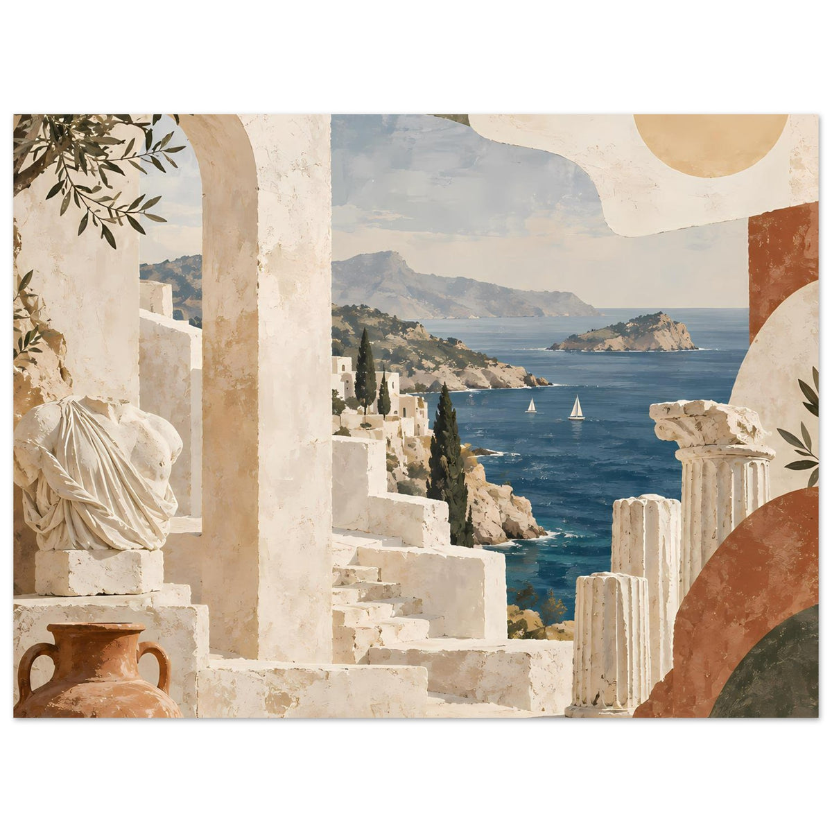 Urlaubs-Poster mit historischer Architektur: Säulen, Treppe und Küste mit Segelbooten im Mittelmeer