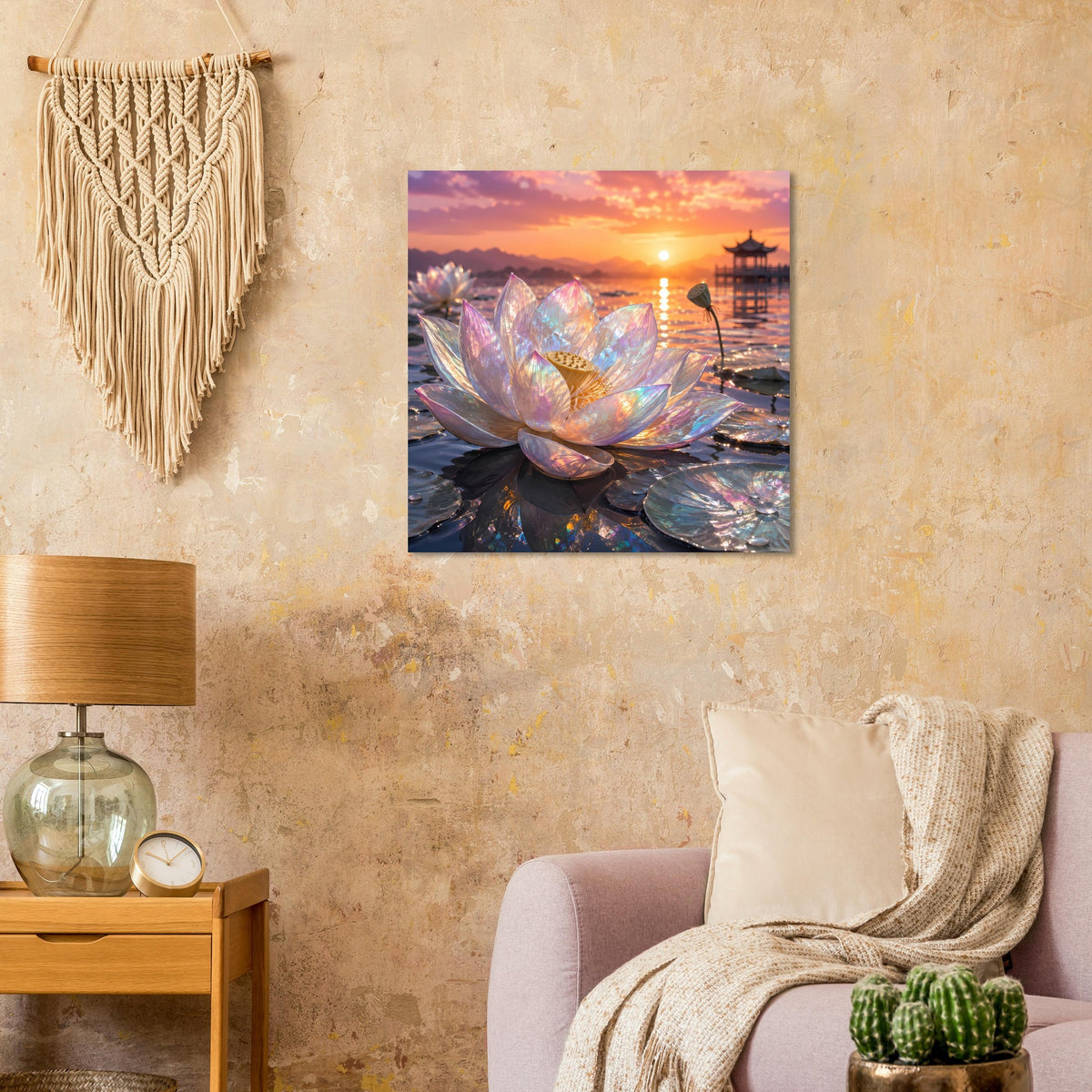 Poster mit irisierender Lotusblüte bei Sonnenuntergang, goldene Sonne, Tempelturm