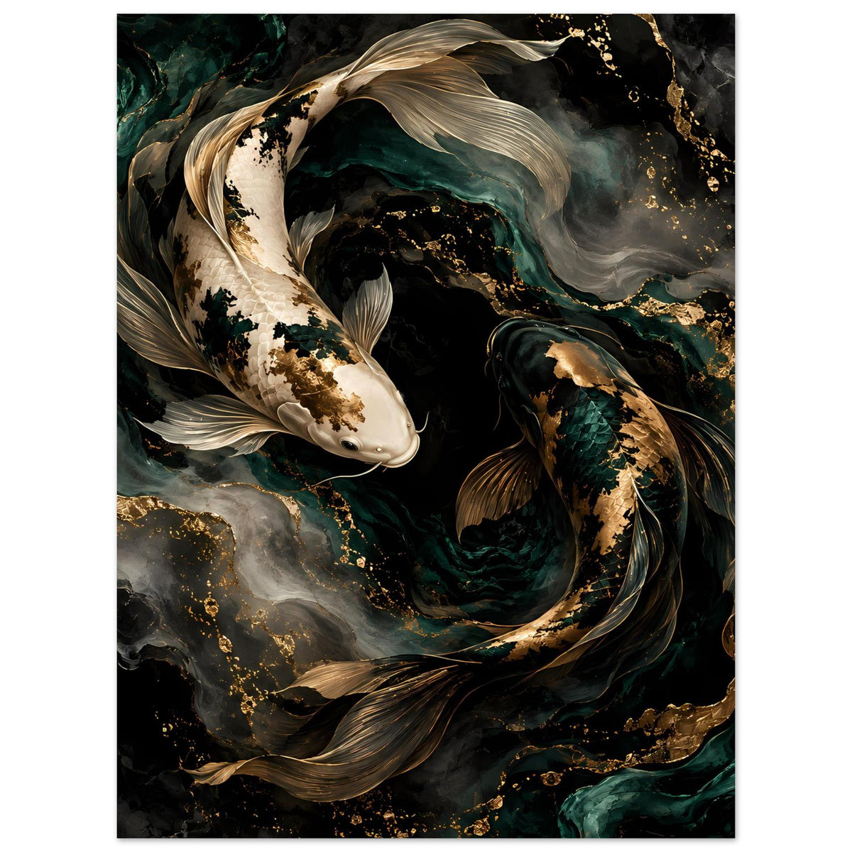 Kunstposter mit Koi-Fischen: weißer Koi mit Goldtupfen und grüner Koi in Wirbeloptik