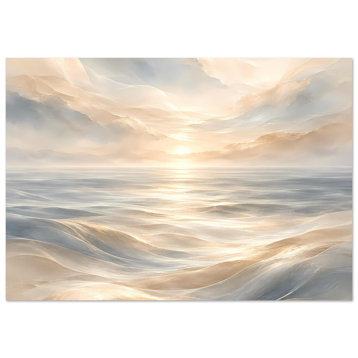 Wandposter ruhige Ozeanwellen bei Sonnenaufgang, warmes Licht, beige und kühle Grauanteile