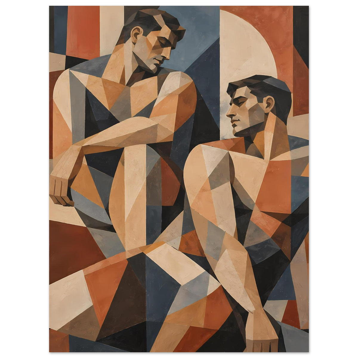 Kunstposter im Hochformat: geometrische Figuren, warme Erdtöne, Beige, Orange, Dunkelblau.
