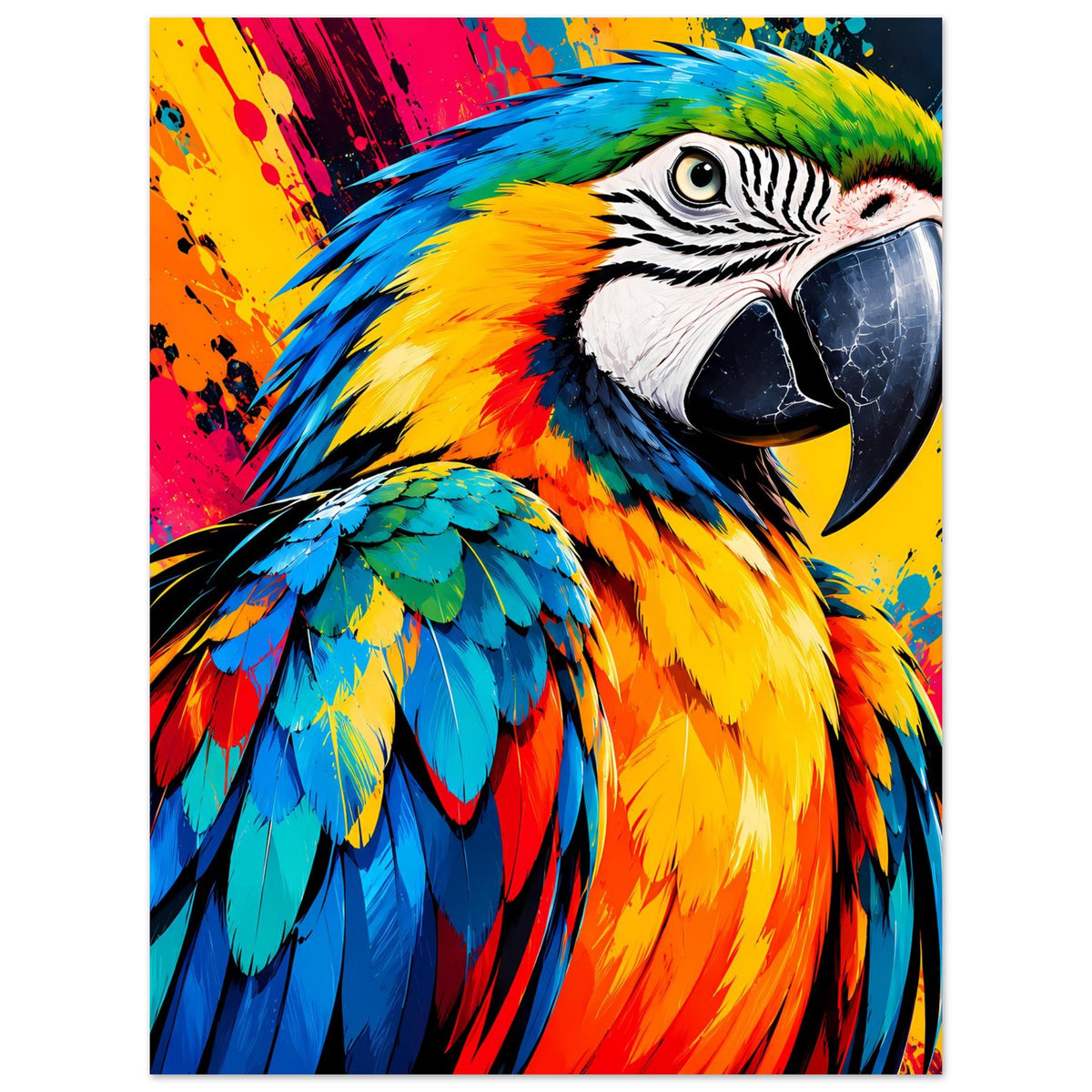Parrot-Splash-Art Poster, Ara in voller Ansicht mit Kopf, Schnabel und Flügeln