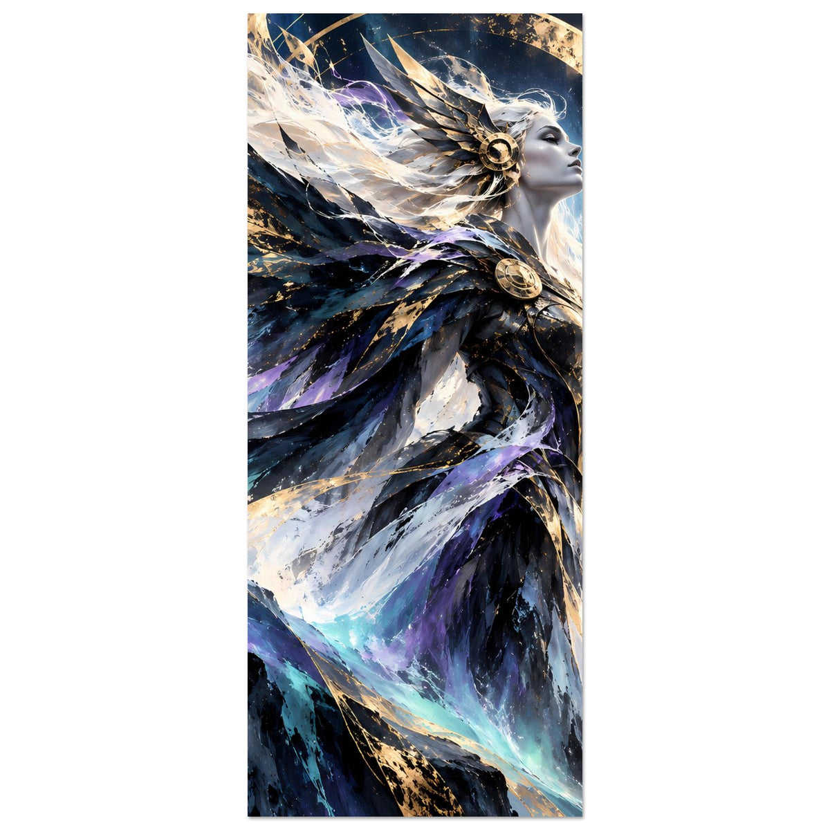 Fantasy-Göttinnenposter im Hochformat: geflügelte Göttin mit goldener Aura und wehender Robe