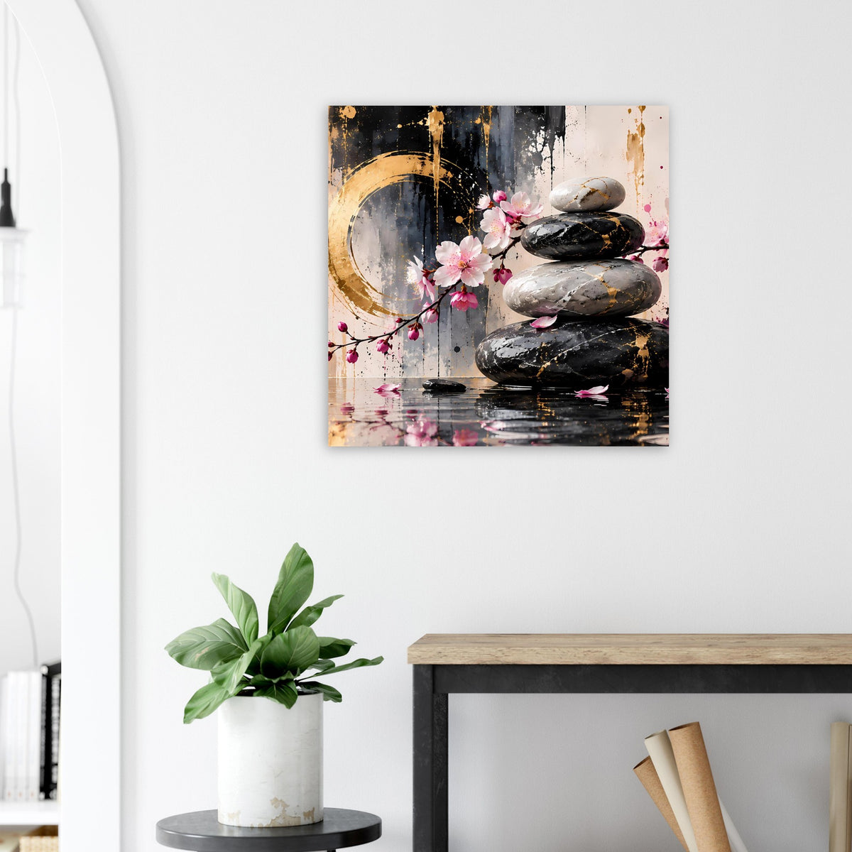 Poster mit Zen-Steinsäule, rosa Kirschblütenzweigen und goldenen Halbmondformen