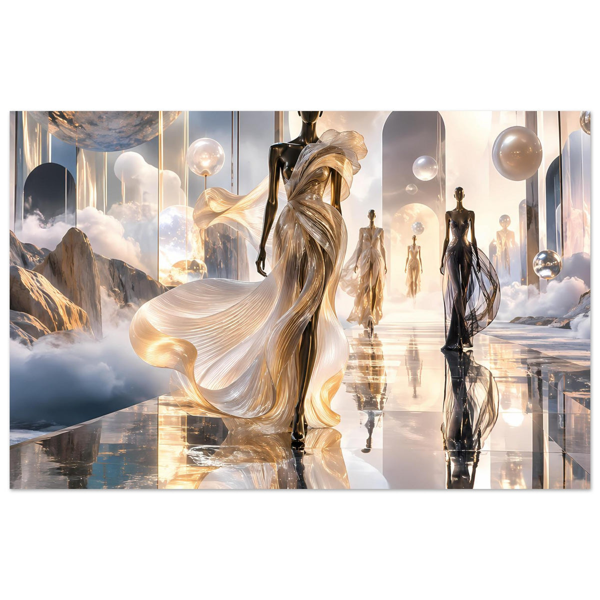 Fashion-Runway-Poster: breite Ansicht mit goldener Figur und langen Spiegelungen