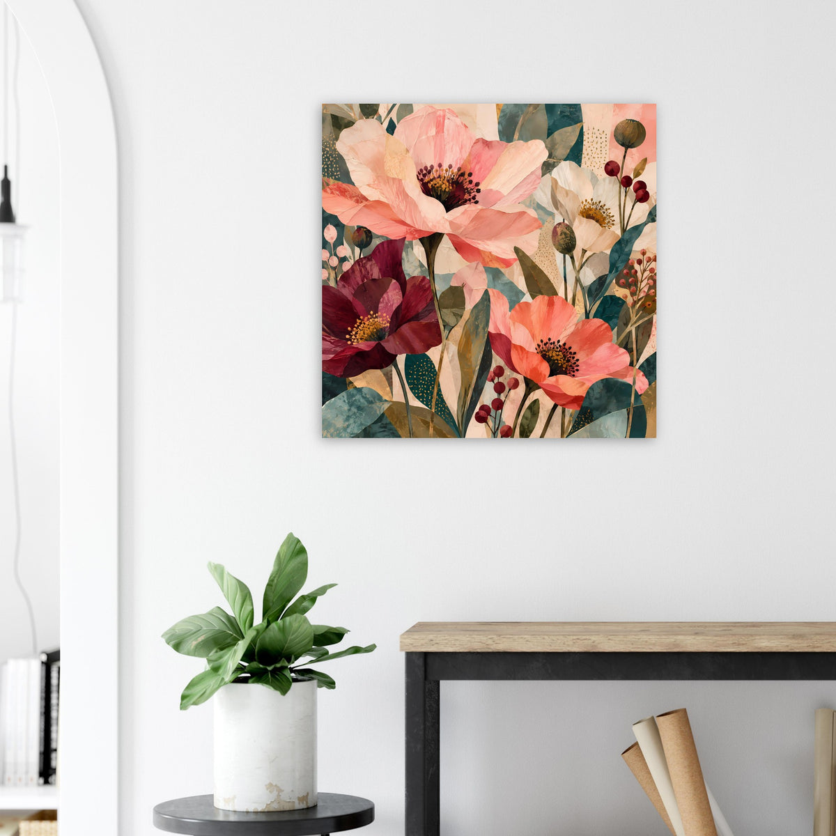 Quadratisches Kunstposter: Korallen- und Burgunderblüten mit Blättern in Grün