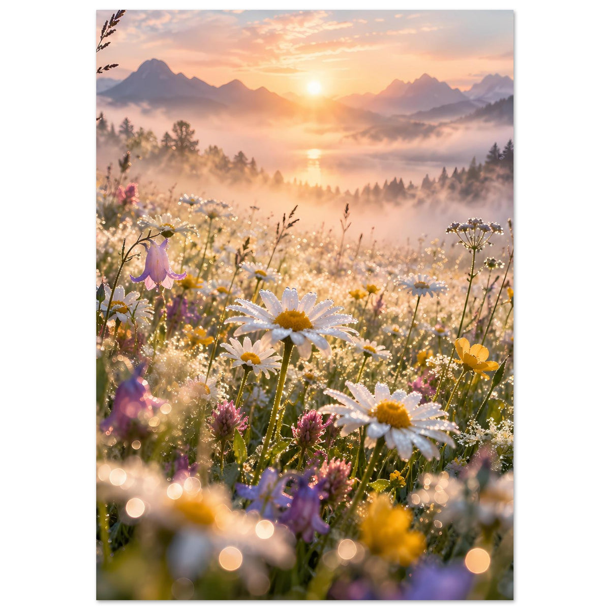 Hochformatiges Poster mit nahen Gänseblümchen, lila Blütenakzenten und sonnigem Himmel.