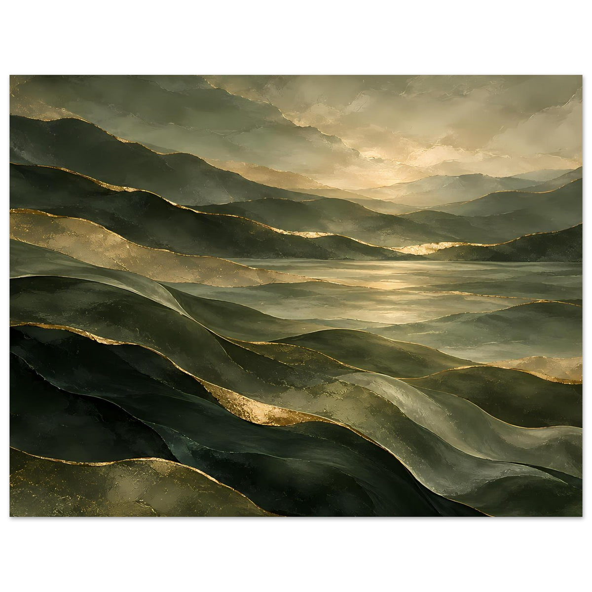 Landschafts-Poster Panorama mit grünen Hügeln, goldener Dämmerung und warmen Lichtstreifen.