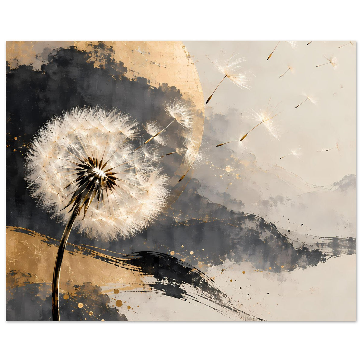 Kunstposter mit Pusteblume und feinen Lichtstrahlen, gold-grau, moderner Farbverlauf