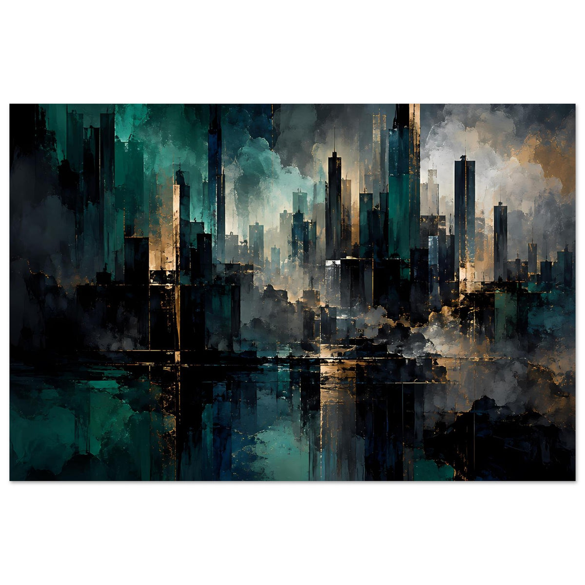 Abstraktes Stadtposter mit Skyline, türkis-blauer Farbpalette, goldenen Akzenten und Wolken