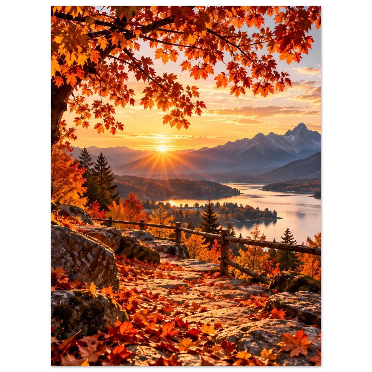 Herbstlandschafts-Poster im Hochformat: langer Weg, Holzgeländer, Berge, See und leuchtendes Laub