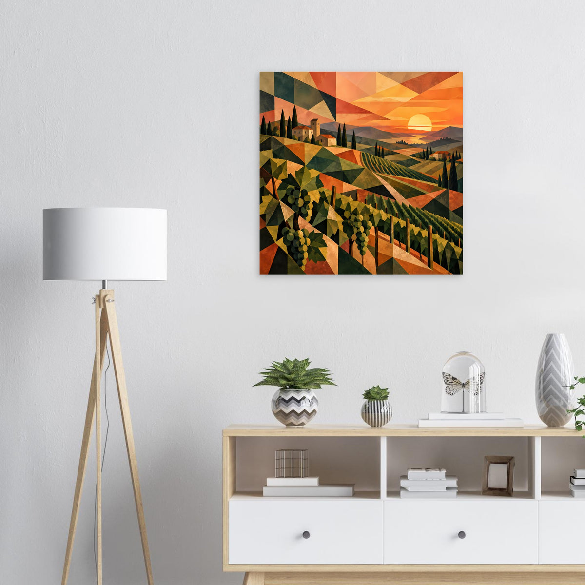 Poster mit mediterraner Weinlandschaft, Sonnenuntergang und geometrischen Farbfeldern