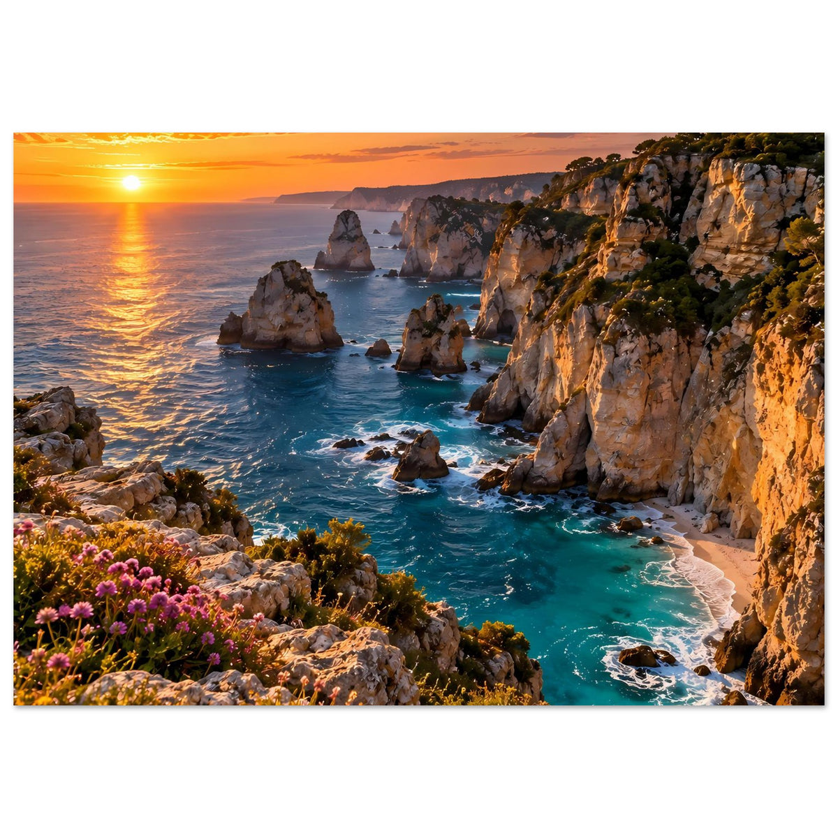 Küstenposter im Hochformat: Felsbuchten, türkisfarbenes Wasser und warmer Sonnenuntergang am Horizont