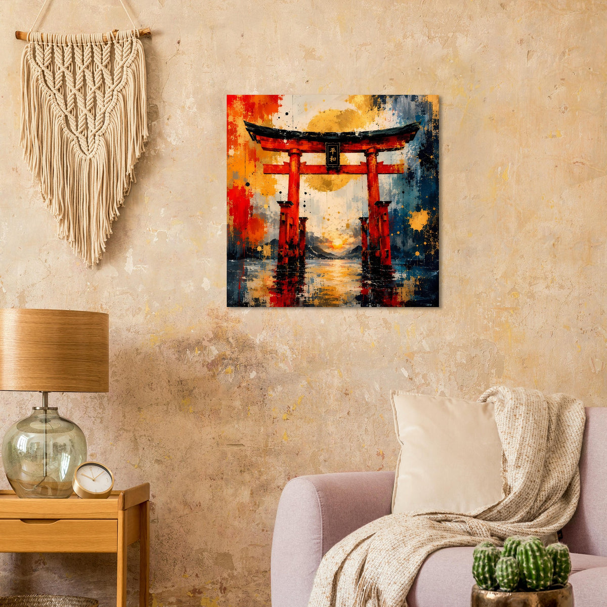 Poster mit rotem Torii-Tor, abstrakten Farben in Rot, Blau und Gelb