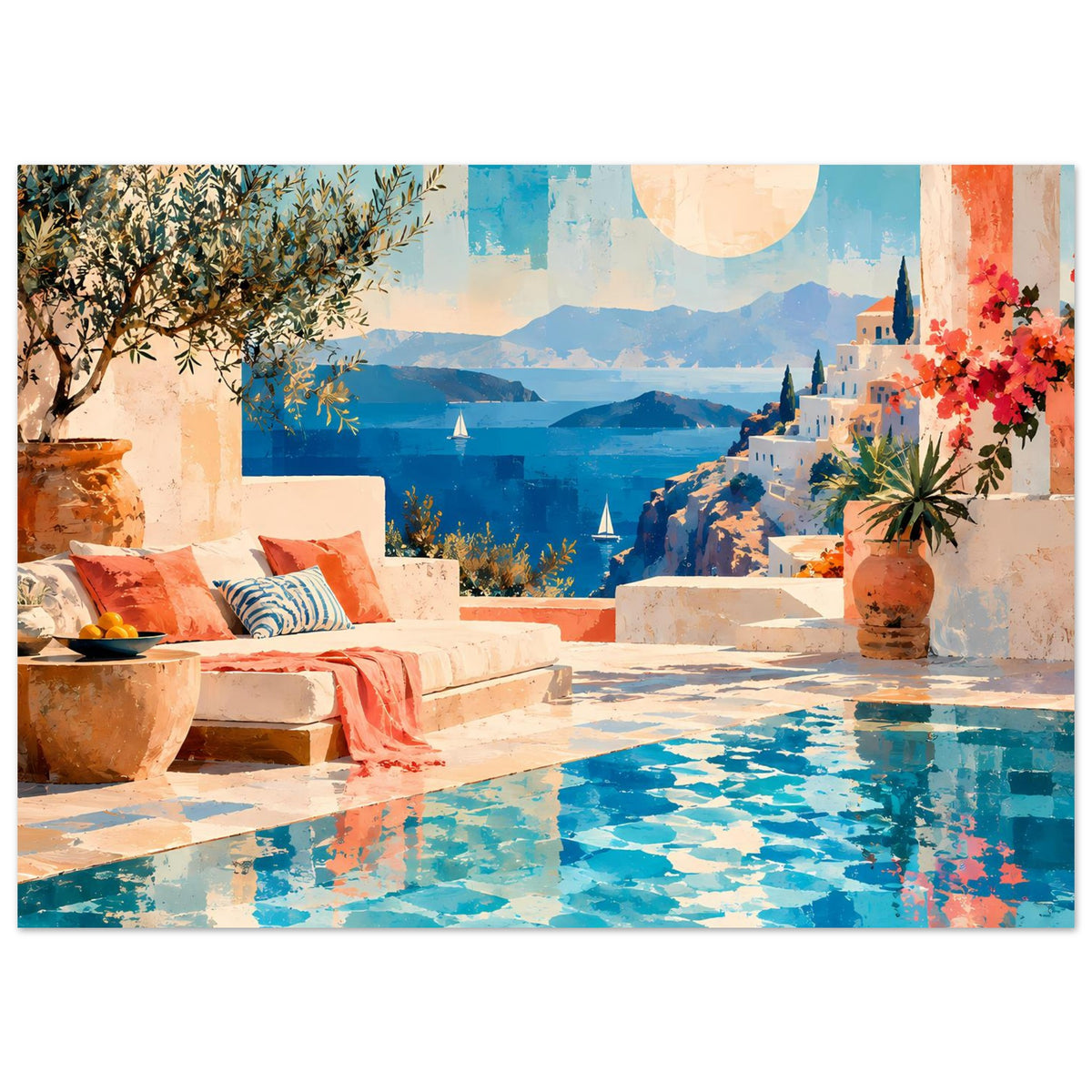 Poster mit Pool und Sitzbereich: orangefarbene Decke, blaue Wasserflächen, Blumen
