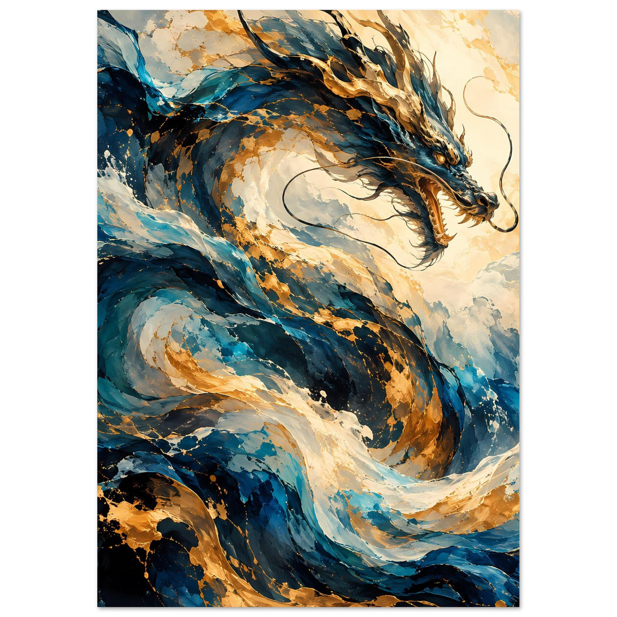 Fantasy-Poster: Drachenkopf mit blauen Schuppen, goldener Krone und wirbelnder Flügelmähne