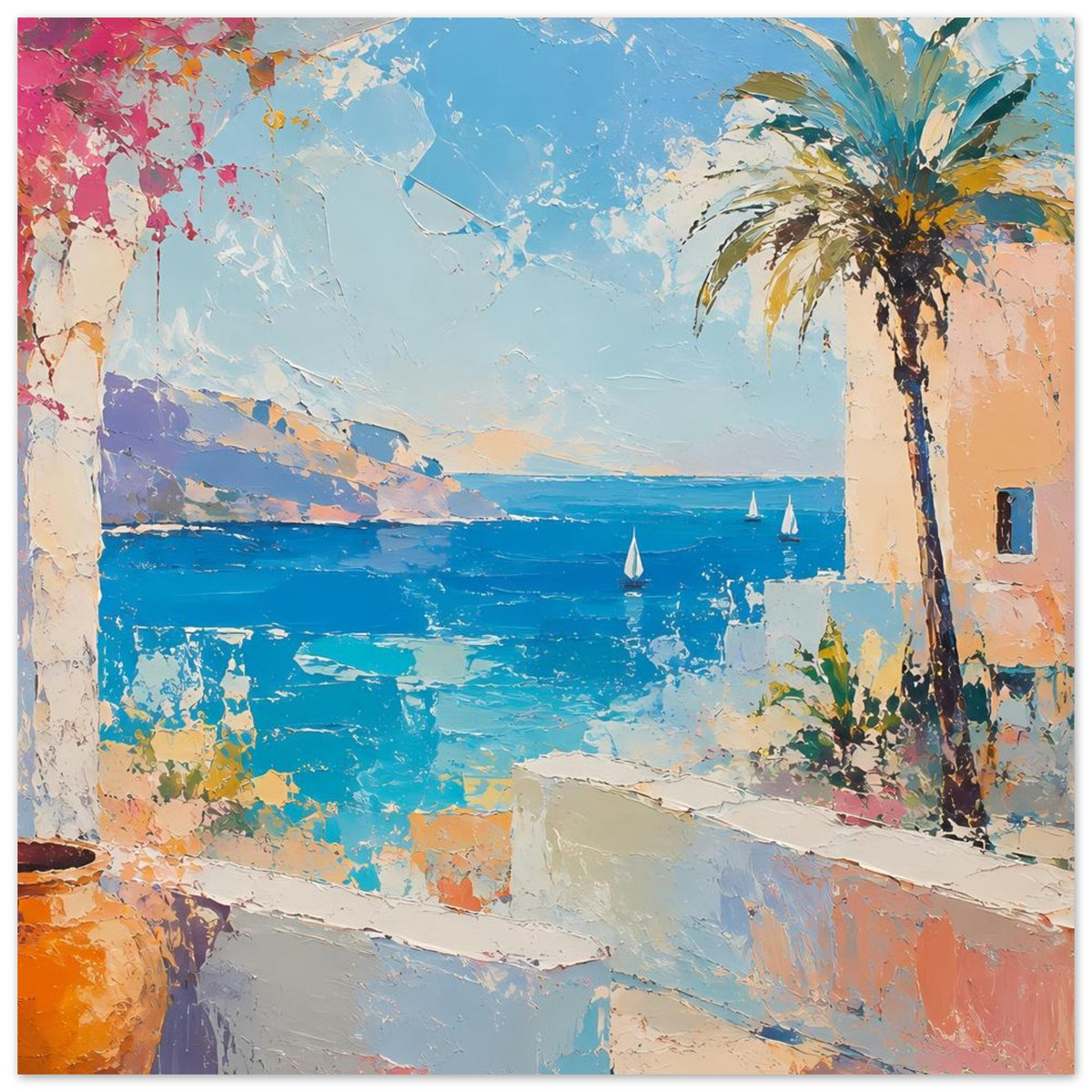Sommerposter mit Meerblick, Palme rechts, Segelbooten und mediterraner Steinmauer in Blau-Orange-Tönen