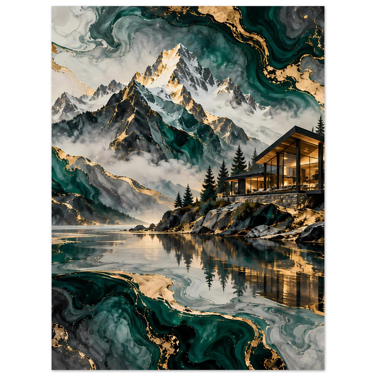 Poster mit Berglandschaft, Spiegel im See, grüne Farbflächen mit goldenen Akzentlinien