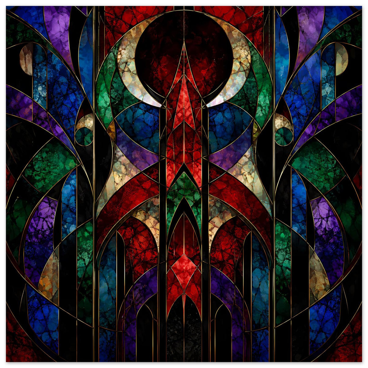 Art-déco-Poster mit buntem Buntglas-Mosaik und symmetrischem geometrischem Muster