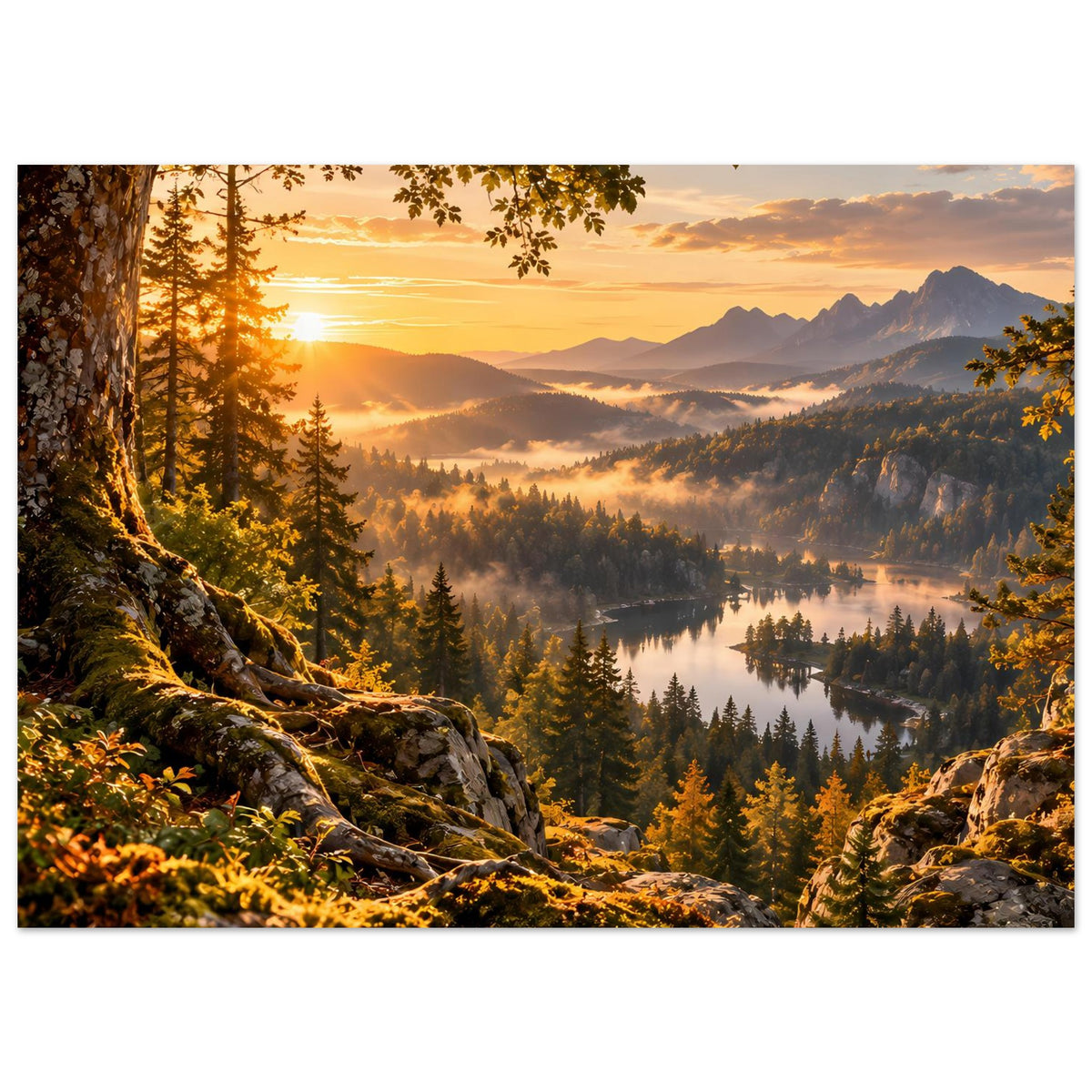 Horizontales Landschaftsposter mit Felsen im Vordergrund, goldener Sonnenaufgang, Berge und See