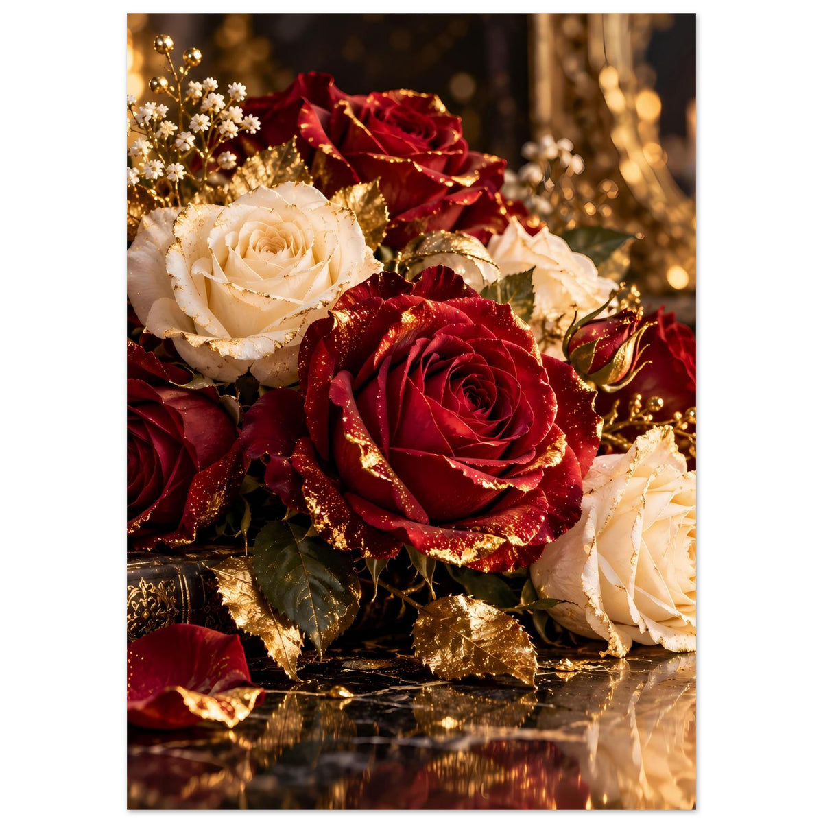Poster mit Rosenstrauß: cremeweiße und bordeauxrote Rosen, goldene Streublüten