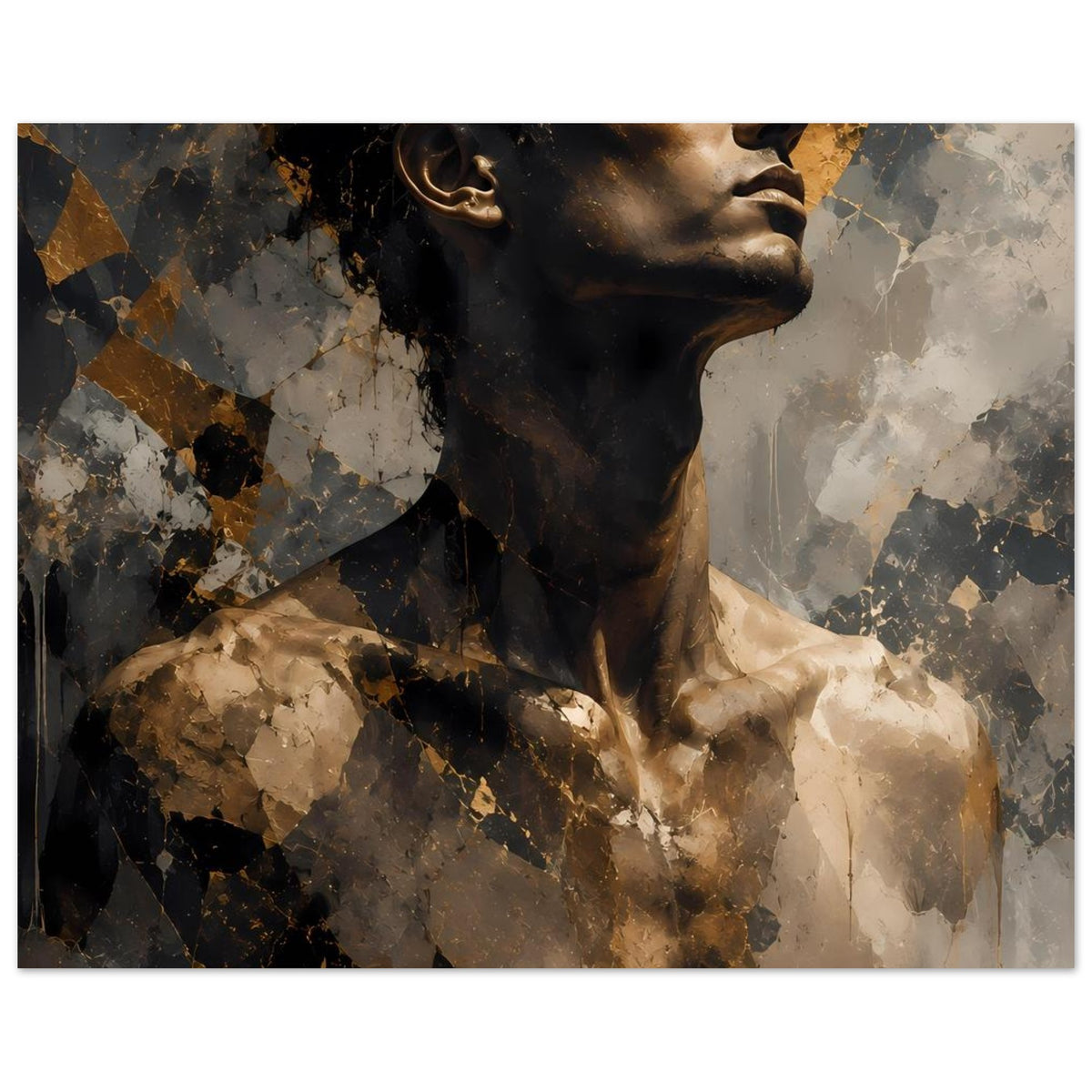 Kunstposter mit abstraktem Männerporträt, Blick zur Seite, goldene und dunkle Farbstreifen