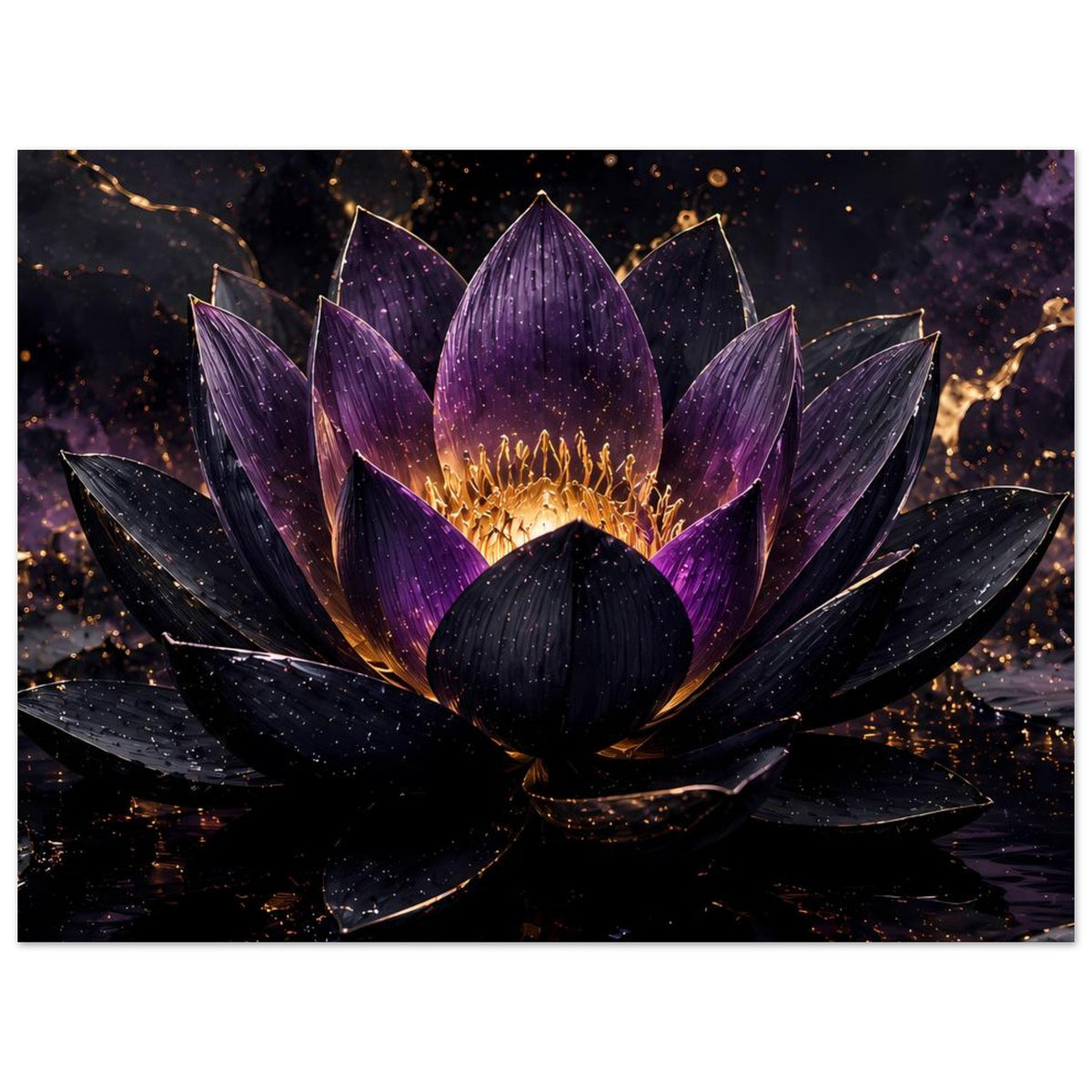 Lotusblüten-Poster mit violetter Hauptblüte und goldenen Sprenkeln über dunklem Flor