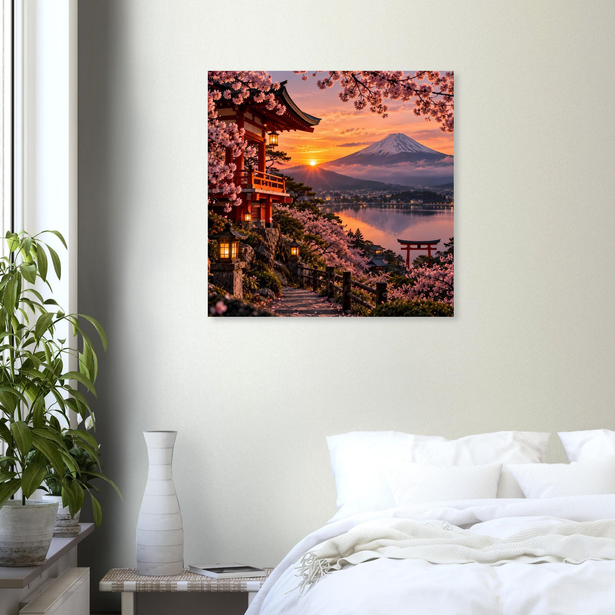 Quadratisches Poster mit Kirschblütenweg, Tempelbauten und Berg bei Sonnenuntergang