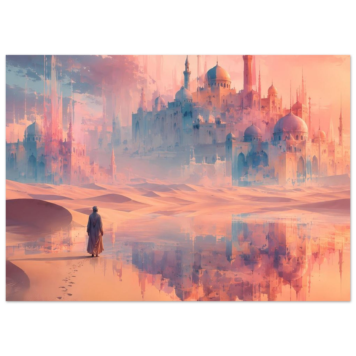 Gerahmtes Poster mit orientalischer Architektur, Sandwüste, einsame Gestalt und Reflexion