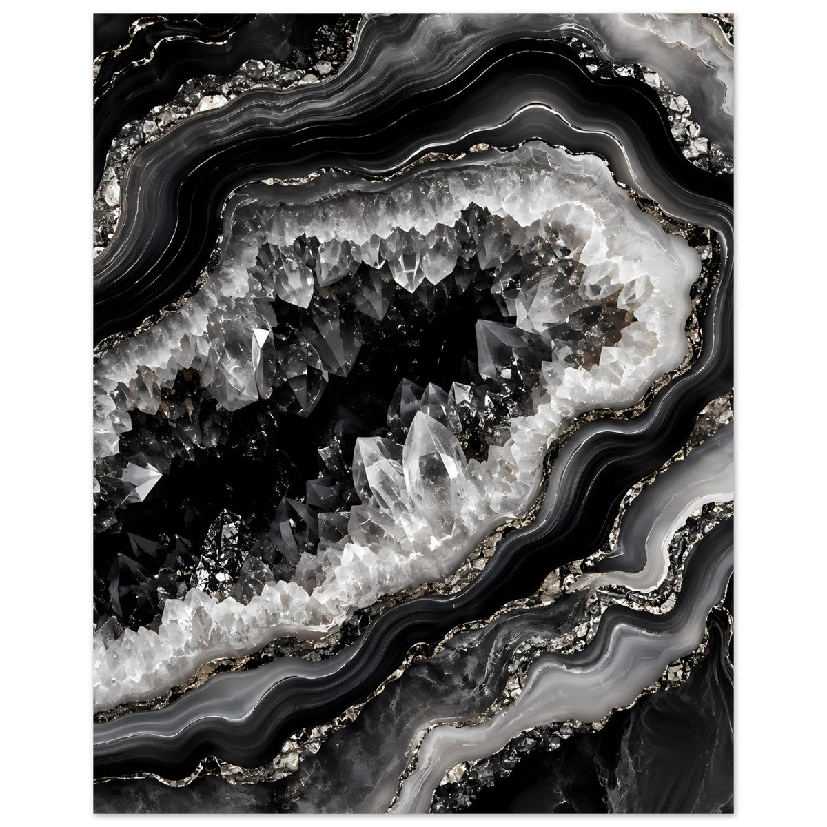 Wandposter mit Geodenansicht: helle Kristallcluster in dunklem Hintergrund