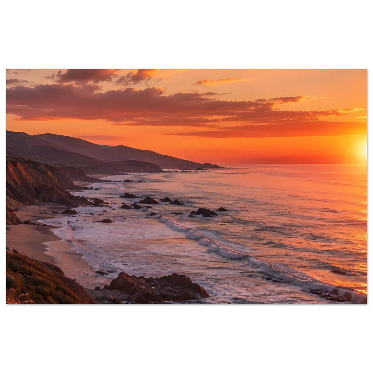 Poster im Querformat mit Küste: Sandstrand, schäumende Wellen, Felsen, orangefarbener Himmel