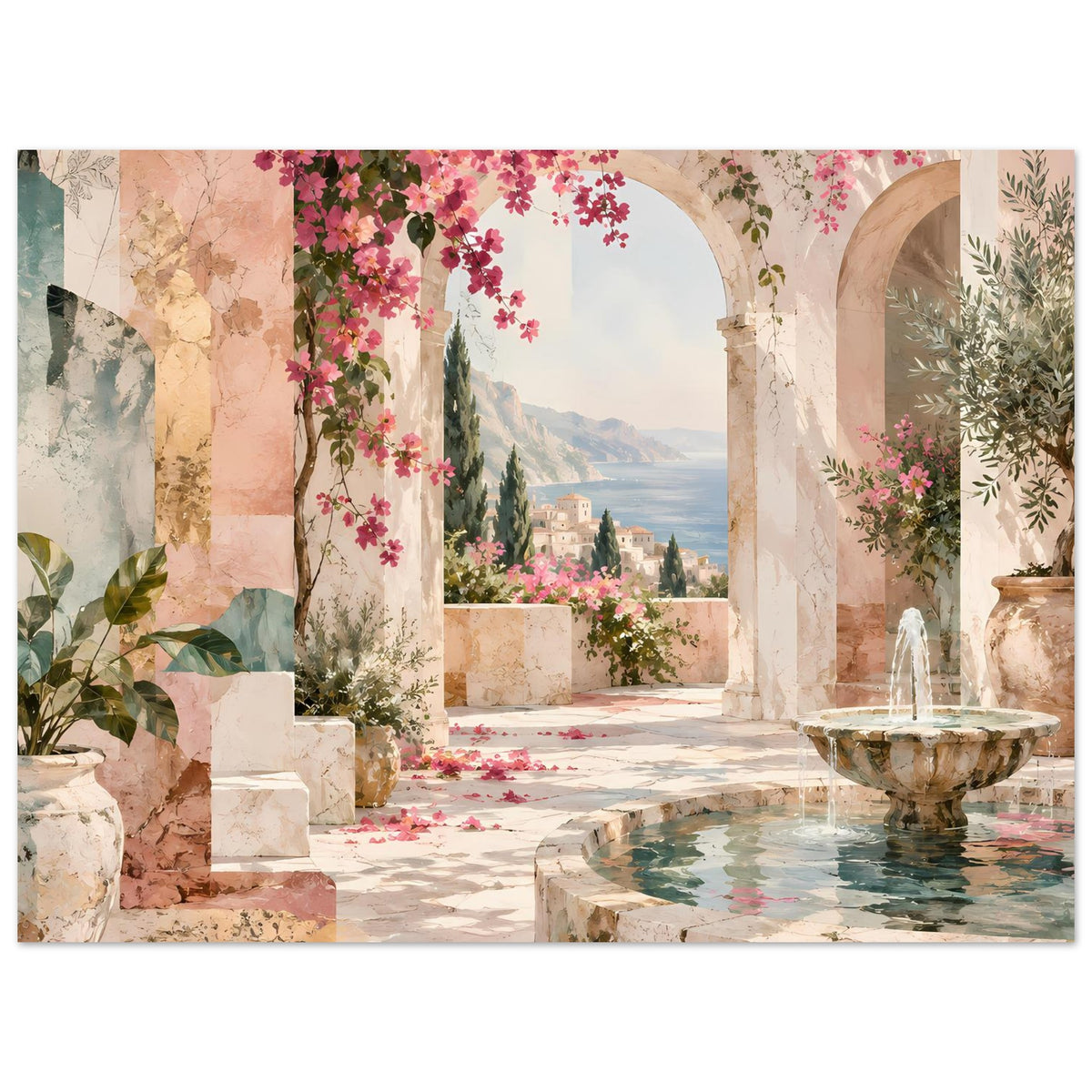 Kunstposter mit mediterranem Innenhof: Arkaden, Brunnenfontäne und blühende Pflanzen