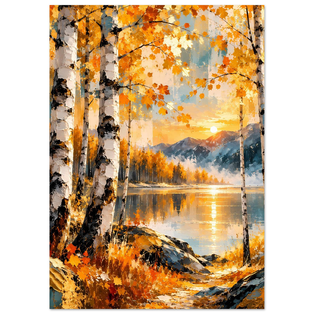 Herbstposter mit Birkenstämmen, orangefarbenem Blätterregen und reflektierendem Wasser