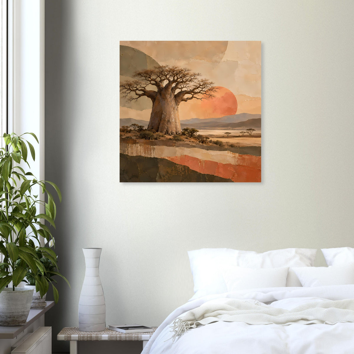 Naturposter mit Baobabbaum in der Savanne, rotem Himmel und weitem Landschaftshorizont