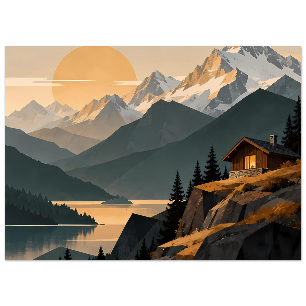 Landschaftsposter im Querformat: Berge, Tannen, Hütte am Ufer und goldene Sonne