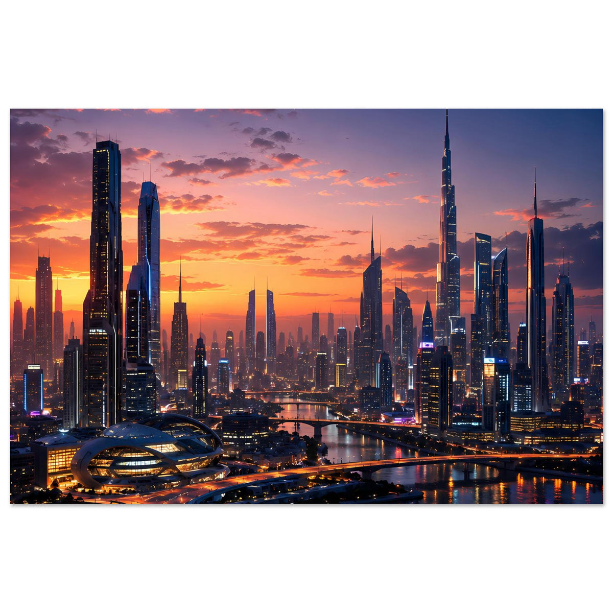 Querformat-Poster: Stadt-Skyline bei Sonnenuntergang, beleuchtete Gebäude am Flussufer