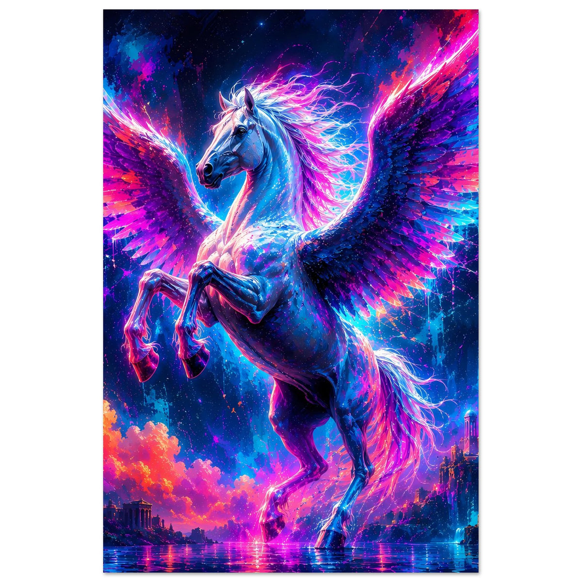 Leuchtendes Pegasus-Poster mit Flügeln und leuchtendem Regenbogen-Effekt in Neonfarben