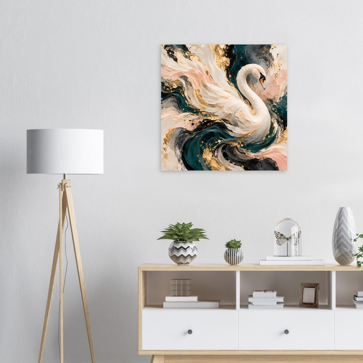 Abstraktes Kunstposter: Schwan mit pastelligem Gefieder und türkis-goldenen Farbwirbeln