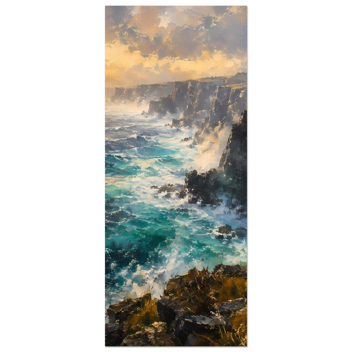 Poster mit Klippenküste, türkisblauer Brandung und goldener Abendsonne