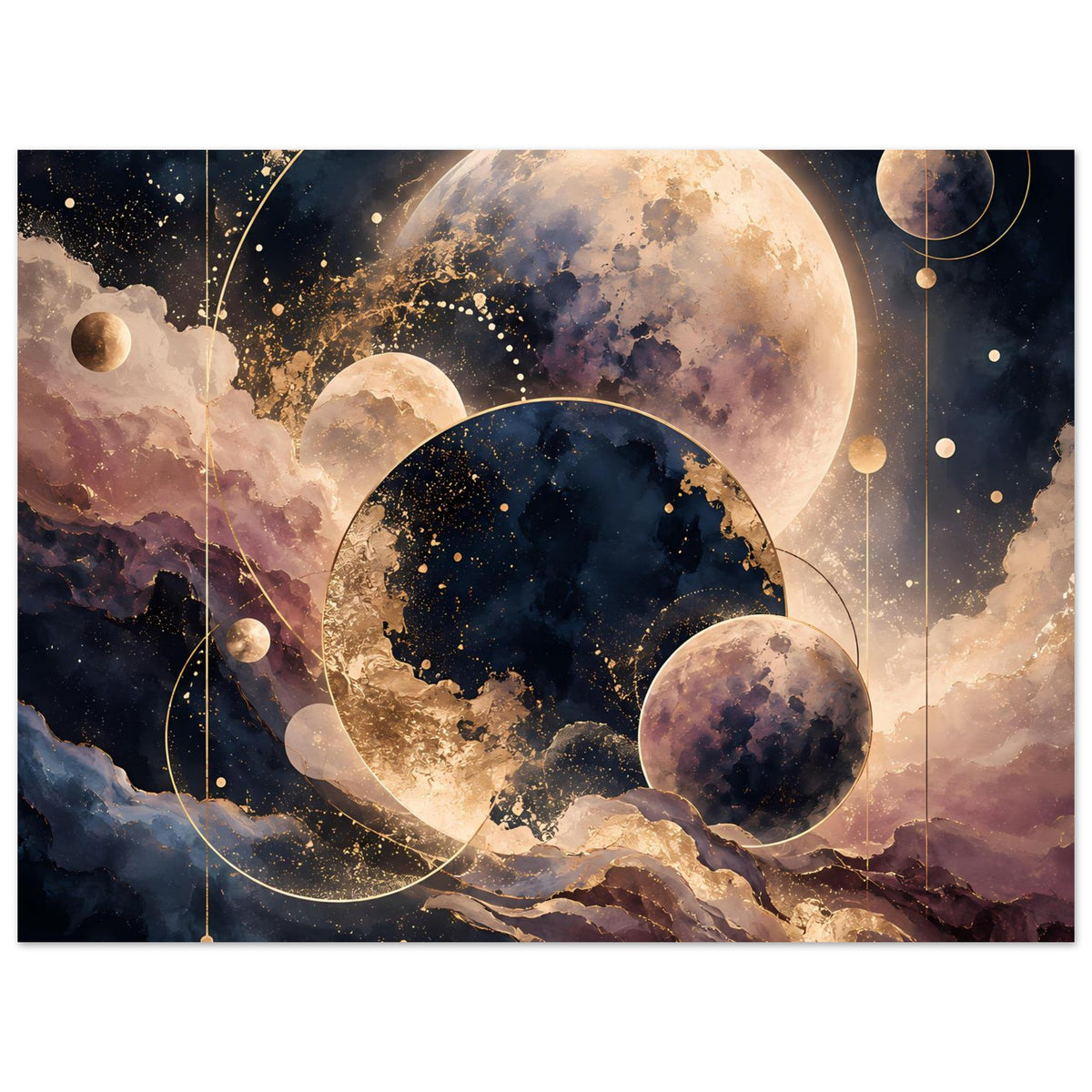 Horizontales Planetenposter mit Monden, Sternstaub und violett-goldener Nebelwolke