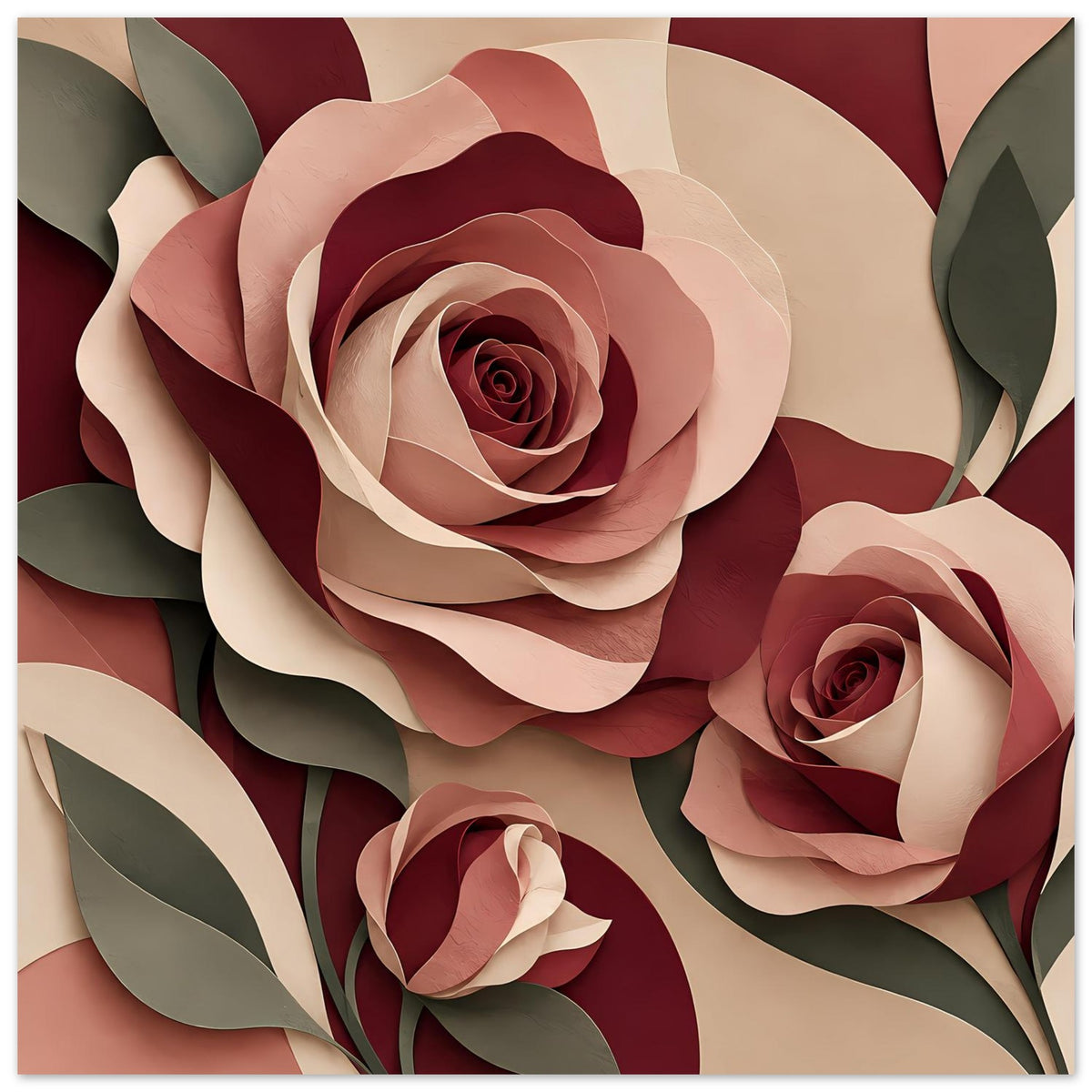 Florales Kunstposter mit Rosen in Burgunder und Rosé, Blättermotiv
