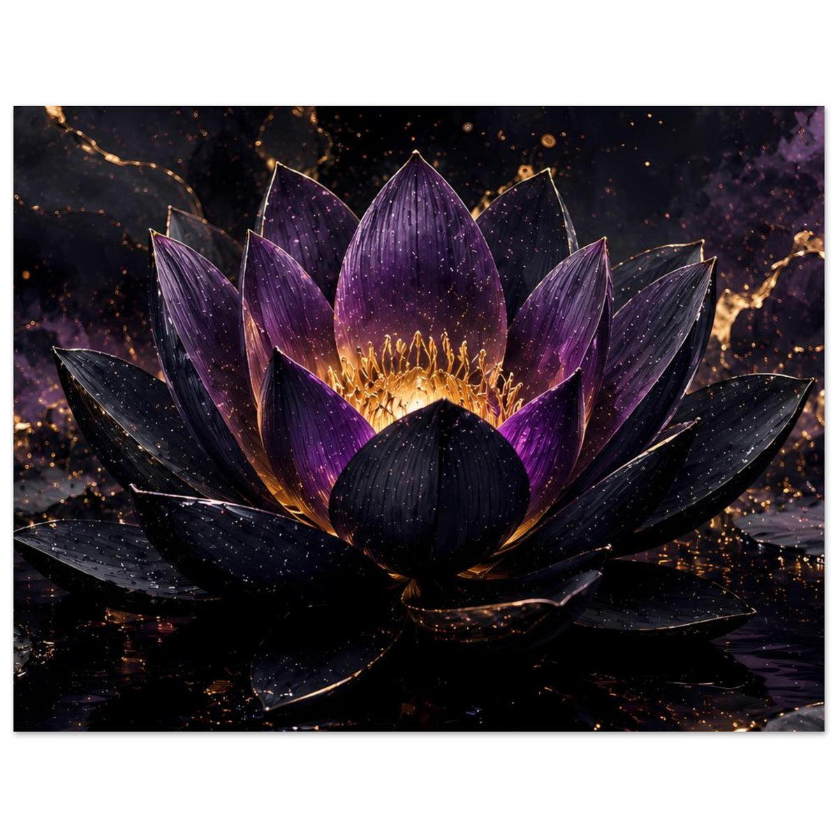 Lotusblüten-Poster im Querformat, violett-goldene Lotusblüte mit goldener Ausstrahlung