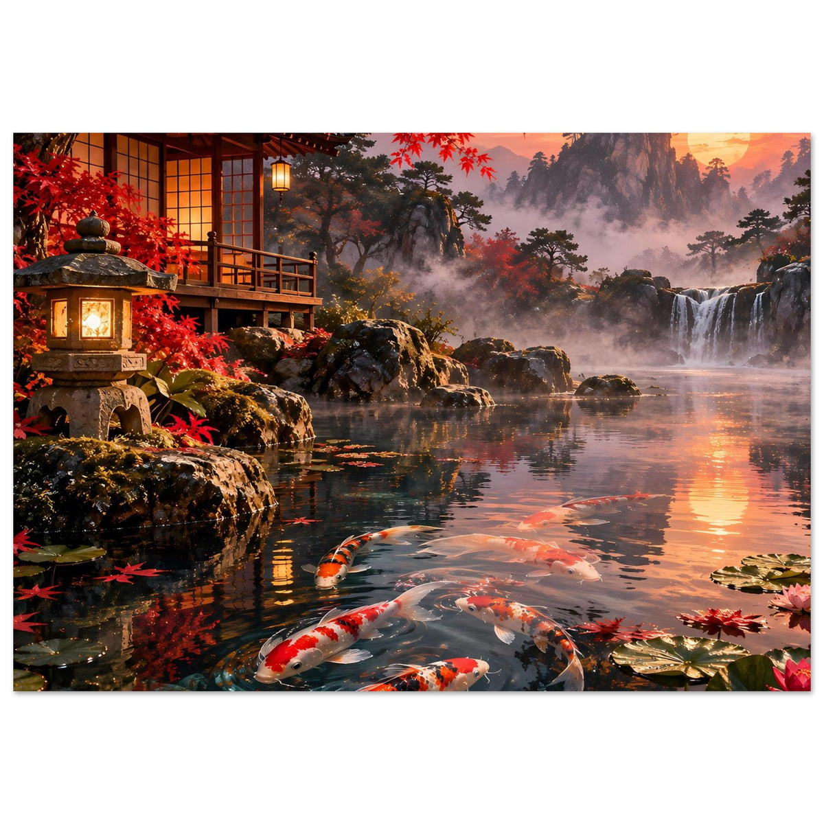 Gerahmtes Landschafts-Poster mit Koi-Schmetterlingen? (Koi im Teich), rotes Laub und Laterne