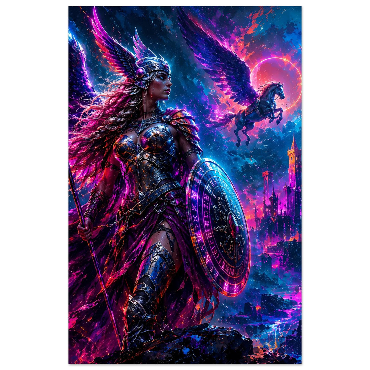 Fantasy-Poster im Hochformat: Valkyrie mit Schild, Speer und Flügeln über mystischer Burglandschaft