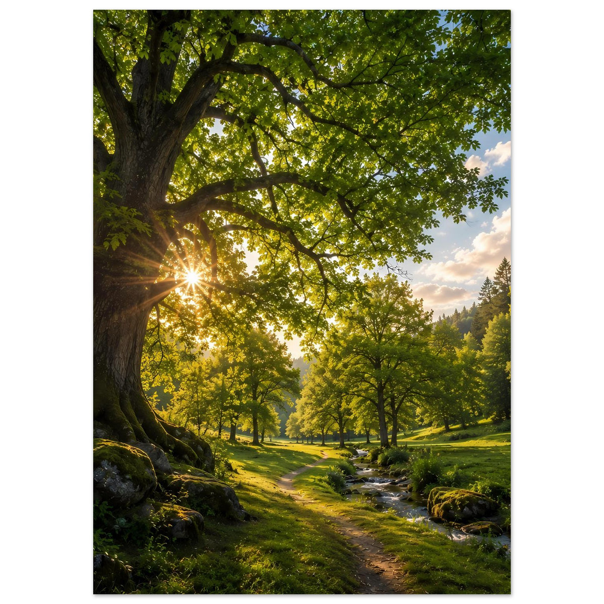 Waldweg-Poster: grüner Waldpfad, Bachlauf rechts, warmes Sonnenlicht im Laub