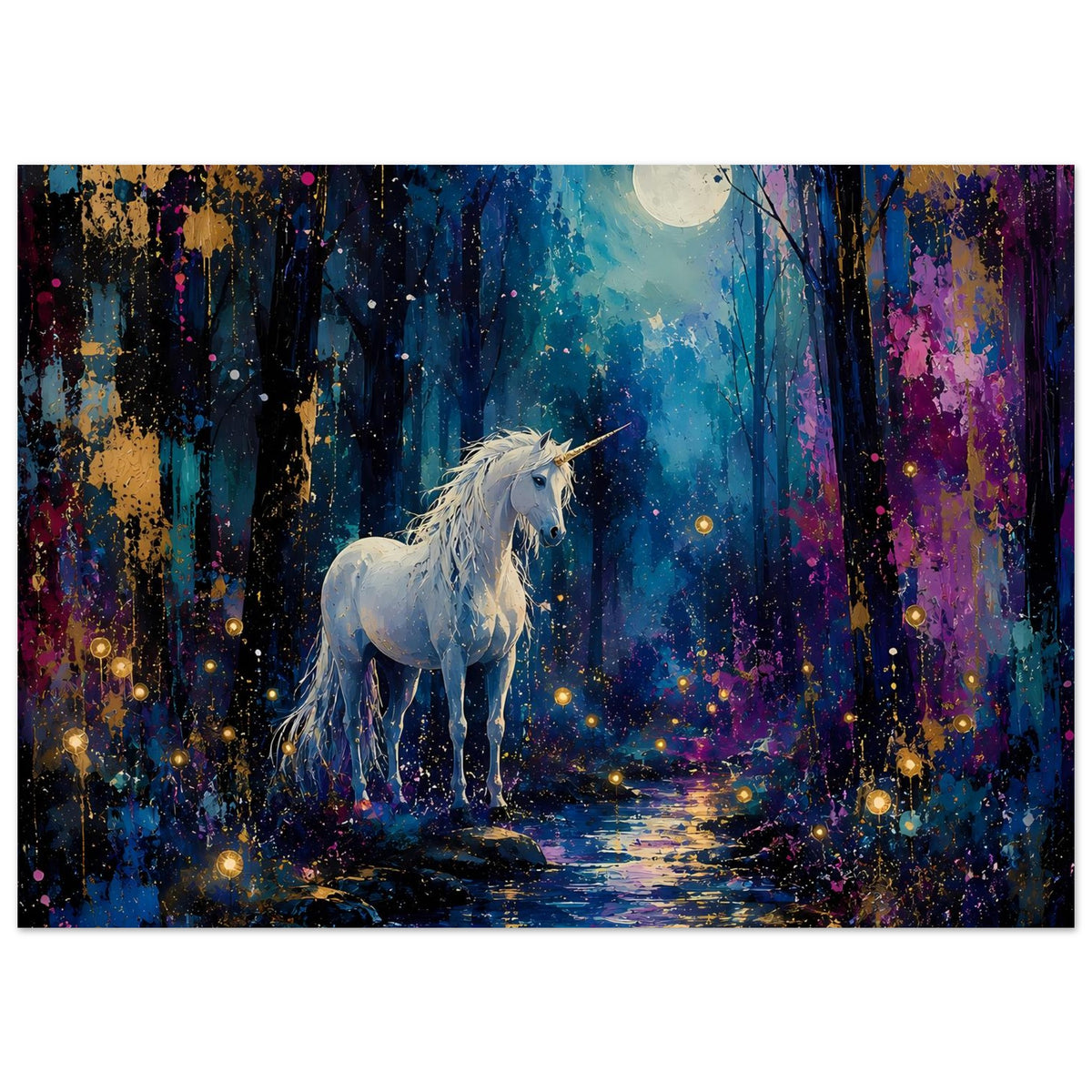 Horizontales Einhornposter mit silbernem Einhorn, mondklarem Wald und leuchtenden Punkten