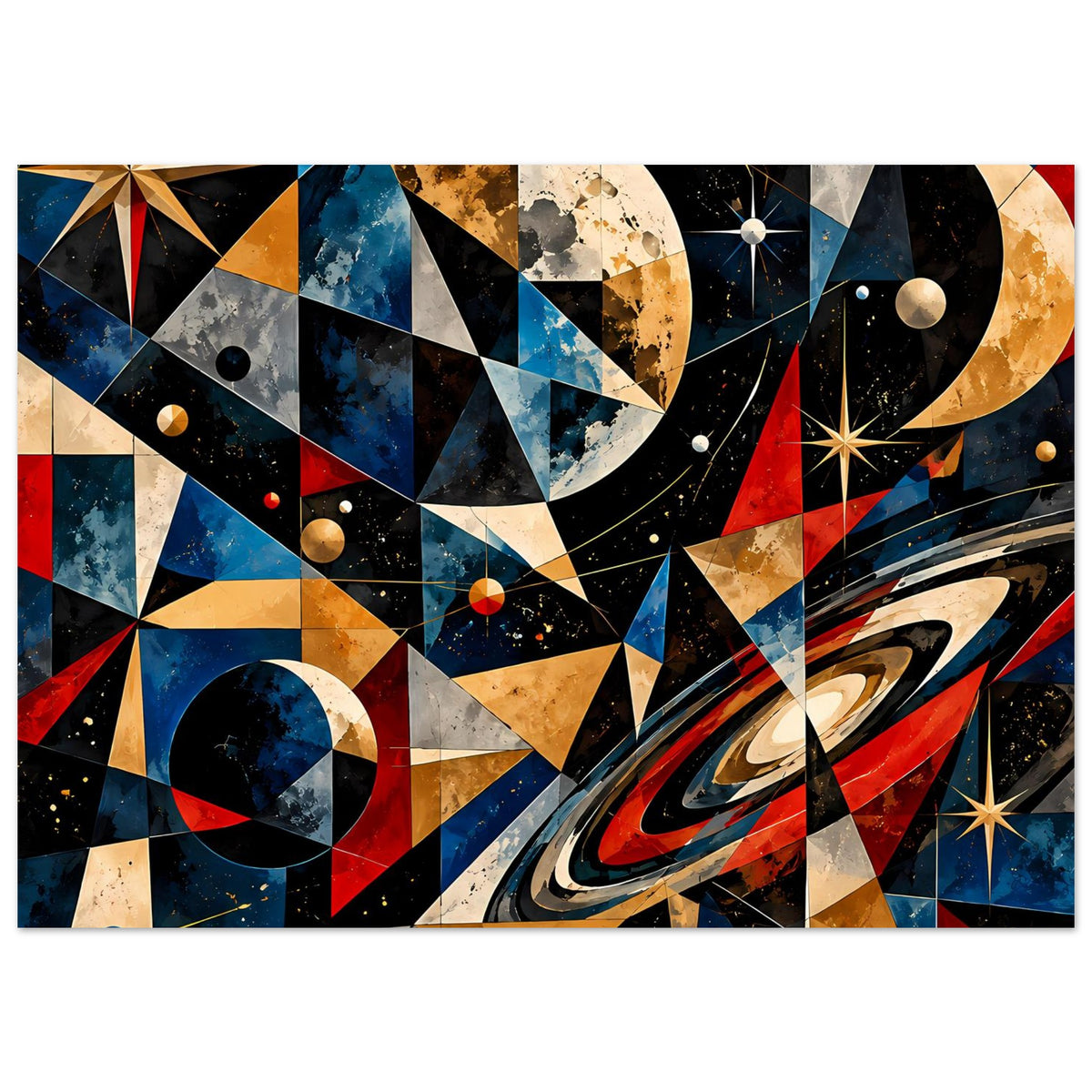 Poster-Ausschnitt mit Planetenscheibe und Dreiecks-Mosaik in Blau, Rot und Gold.