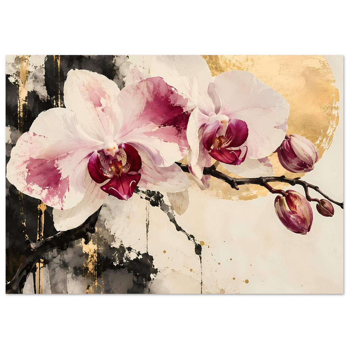 Blumenposter mit Orchideenblüten in Weiß und Rosa, goldene Akzente, dunkle Ranken